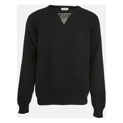 Saint Laurent Paris Black Studded Leather Trim Rib Knit Sweater