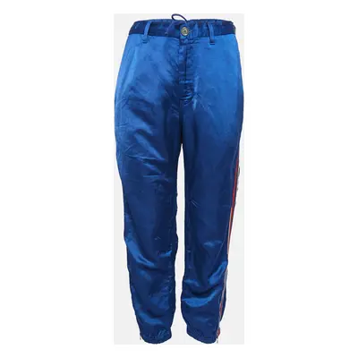 Gucci Blue Embroidered Linen Blend Satin Trackpants