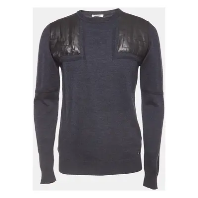 Versace Collection Navy Blue Wool Leather Trimmed Jumper