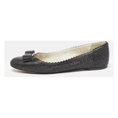 Salvatore Ferragamo Black Perforated Leather Vara Lace Bow Ballet Flats Size