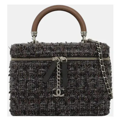 Chanel Multicolor/ Brown Tweed Vanity Case Wood Handle Bag