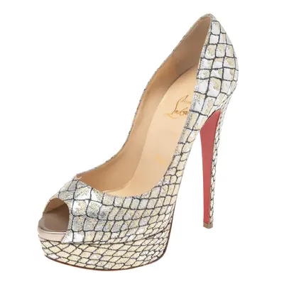 Christian Louboutin Two-Tone Lurex Fabric Lady Peep Toe Platform Pumps Size