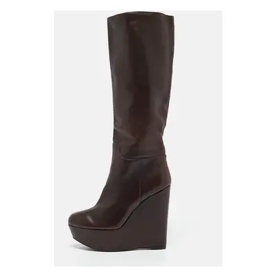 Dolce & Gabbana Brown Leather Wedge Mid Calf Boots Size 37.5