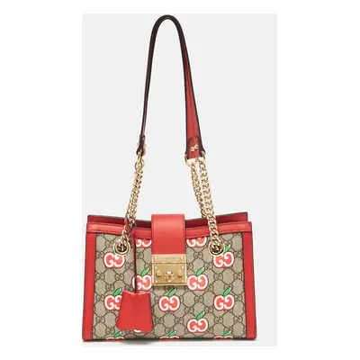 Gucci Red/Beige GG Supreme Canvas Apple Print Padlock Shoulder Bag