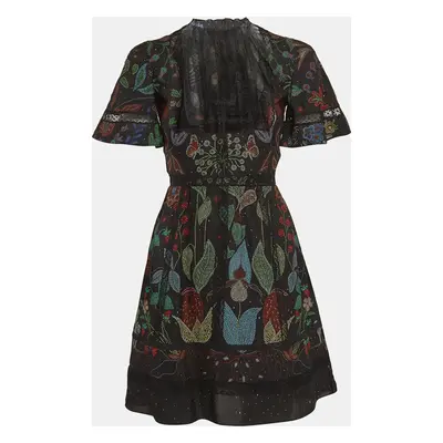 Valentino Black Watersong Print Silk & Lace Trim Mini Dress