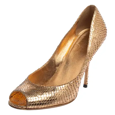 Gucci Gold Python Leather Peep Toe Pumps Size