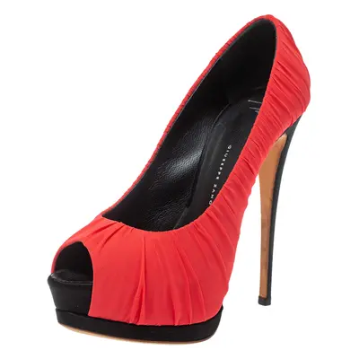 Giuseppe Zanotti Red Ruched Silk Peep Toe Platform Pumps Size 37.5