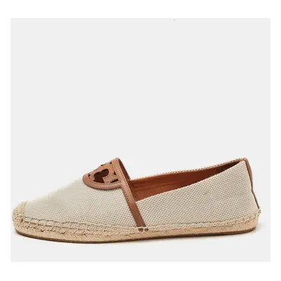 Tory Burch Cream/Brown Canvas Logo Flat Espadrilles Size 39.5