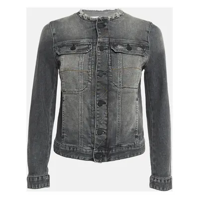 Zadig & Voltaire Grey Washed Denim Patch Detail Zip-Up Jacket