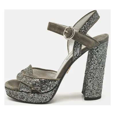 Prada Grey Glitter and Suede Platform Ankle Strap Sandals Size