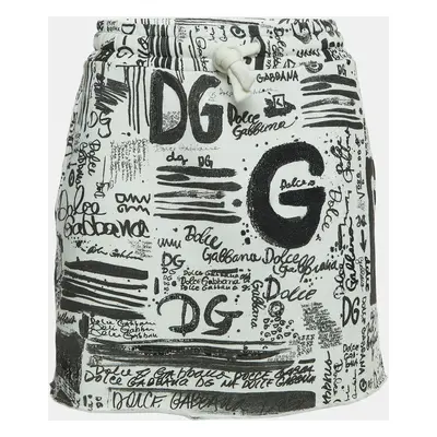 Dolce & Gabbana White Graffiti Print Cotton Drawstring Mini Skirt