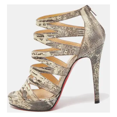 Christian Louboutin Grey/Yellow Lizard Leather 'Fernando' Cage Sandals Size