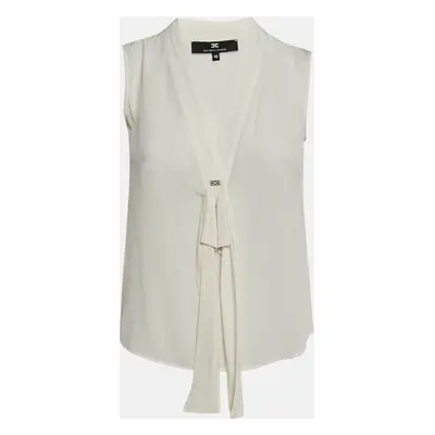 Elisabetta Franchi White Crepe V-Neck Bow Detail Top