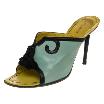 Miu Miu Green/Black Leather Tassel Peep Toe Slide Sandals Size 38.5