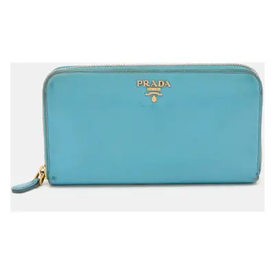 Prada Blue Saffiano Lux Leather Zip Around Wallet