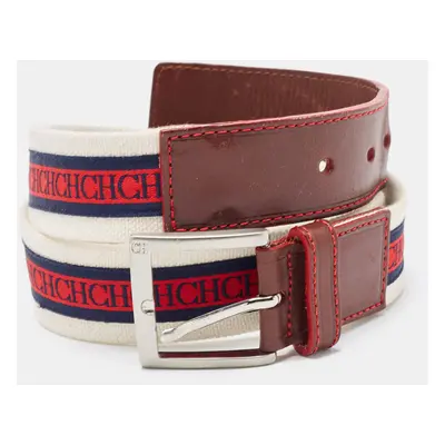 Carolina Herrera Burgundy/White Leather and Canvas Logo Buckle Belt