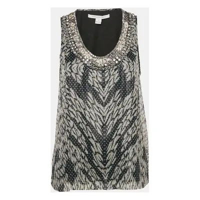 Diane Von Furstenberg Metallic Printed Silk Lurex Stud Detail Sleeveless Ade Top