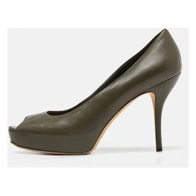 Gucci Olive Green Leather Peep Toe Platform Pumps Size 40.5