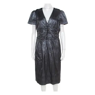 Burberry London Metallic Silver Jacquard Plunge Neck Short Sleeve Dress