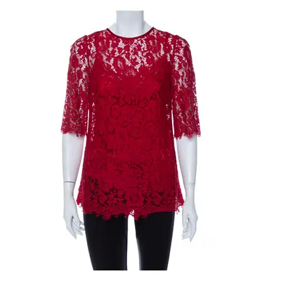 Dolce & Gabbana Red Lace Quarter Sleeve Top