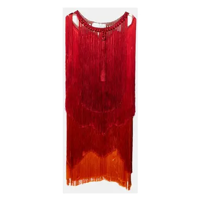 Alberta Ferretti Red Ombre Fringed Silk Mini Dress