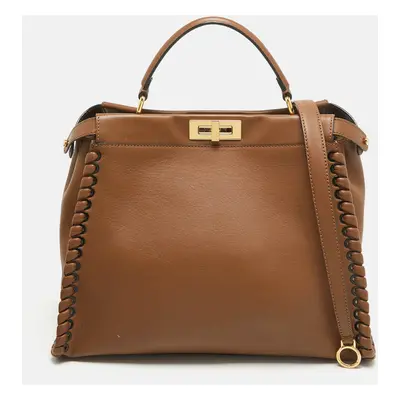 Fendi Brown Leather Whipstitch Peekaboo Top Handle Bag