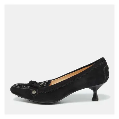 Tod's Black Suede Studded Kitten Heel Loafer Pumps Size 38.5