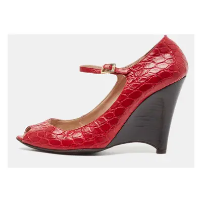 Fendi Red Croc Embossed Leather Peep Toe Wedges Pumps Size 39.5