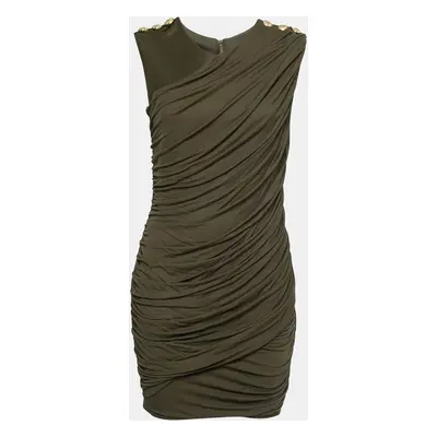 Balmain Olive Green Stretch Knit Ruched Mini Dress