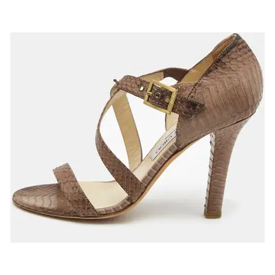 Choo Brown Watersnake Cross Strap Block Heel Sandals Size