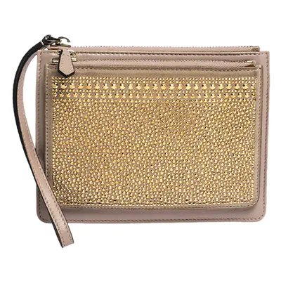 Valentino Nude Beige/Gold Leather and Suede Studded Wristlet Pouch