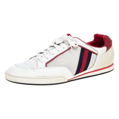 Gucci White Web Leather and Mesh Tennis Lace Up Sneakers Size