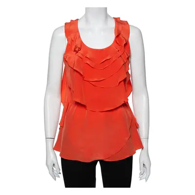 Oscar de la Renta Orange Ruffled Silk Sleeveless Top