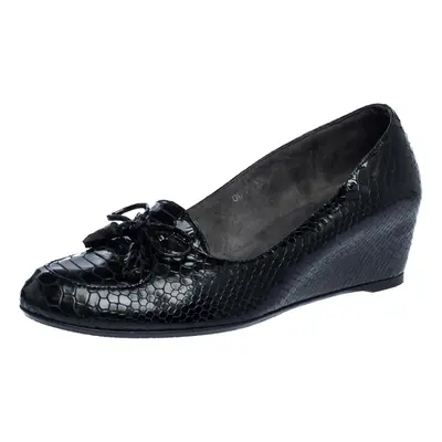 Stuart Weitzman Black Python Embossed Leather Wedge Bow Detail Loafer Pumps Size