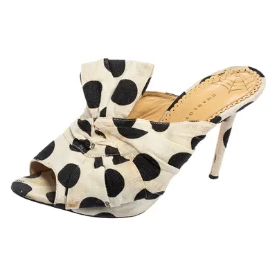 Charlotte Olympia White/Black Polka Canvas Bow Side Sandals Size