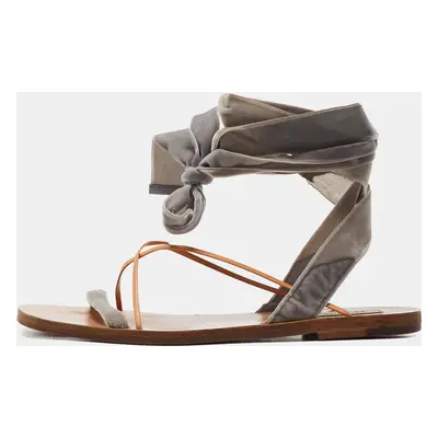 Valentino Grey Velvet Ankle Wrap Flat Sandals Size