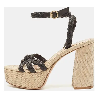 Gianvito Rossi Brown Woven Leather Ankle Strap Espadrille Platform Sandals Size