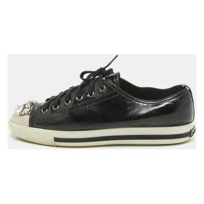 Miu Miu Black Patent Leather Crystal Embellished Cap Toe Sneakers Size