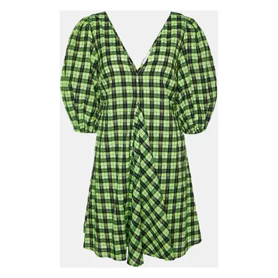 Ganni Neon Green/Black Checkered Cotton Puff Sleeve Dress