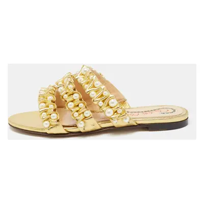 Charlotte Olympia Gold Pleated Leather Pearl Embellished Flats Size