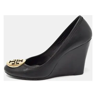 Tory Burch Black Leather Sally Wedge Pumps Size 37.5