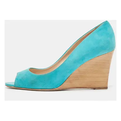 Tod's Blue Suede Peep Toe Wedge Pumps Size