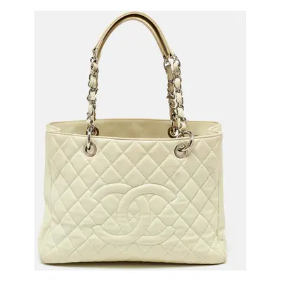 Chanel Cream Quilted Caviar Leather CC GST Tote