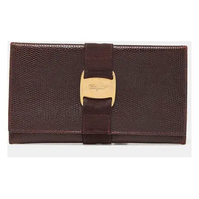 Salvatore Ferragamo Burgundy Lizard Embossed Leather Vara Bow Continental Wallet