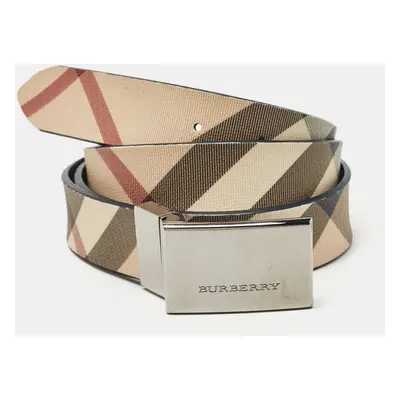 Burberry Beige/Blue Supernova Check Canvas and Patent Leather Buckle Belt CM