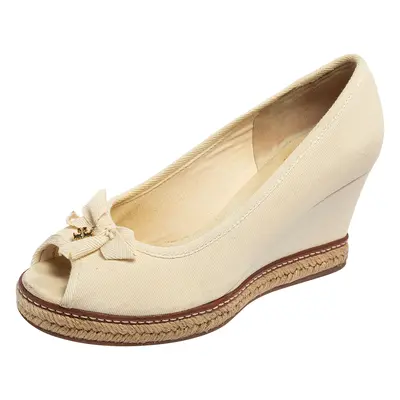 Tory Burch White Canvas Jackie Wedge Pumps Size 38.5