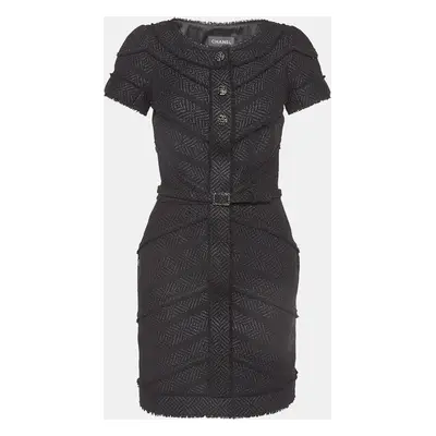 Chanel Black Lurex Tweed Jewel Buttons Detail Belted Mini Dress