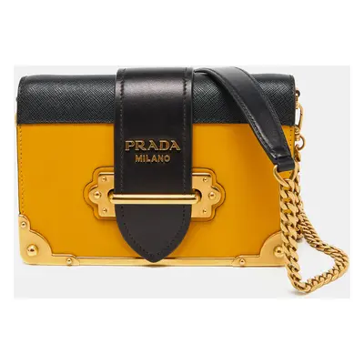 Prada Yellow/Black Leather Cahier Flap Shoulder Bag