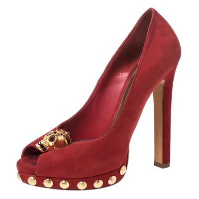 Alexander McQueen Red Suede Skull Embellished Peep Toe Pumps Size