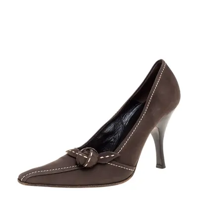 Prada Khaki Brown Stitch Nubuck Leather Knot Pointed Toe Pumps Size